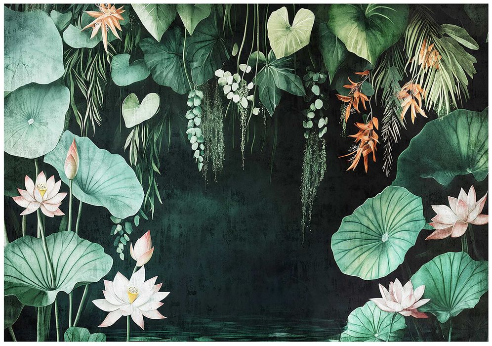 Fototapeta Ciemna Zieleń Kwiaty Liście Woda Dżungla Tropiki 3D + KLEJ