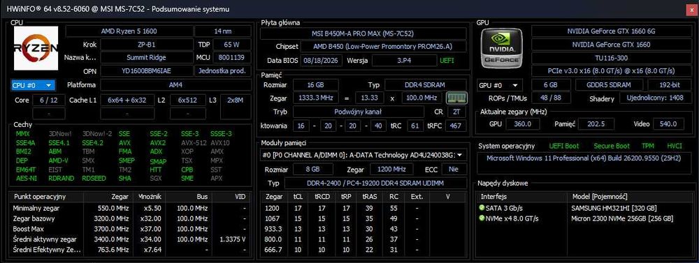 Komputer PC do gier Ryzen 5 | GTX 1660 | 16 GB Ram | 256 GB SSD + 320 GB HDD | Windows 11 Pro