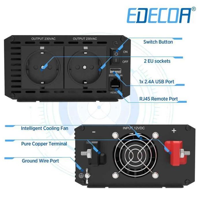 Інвертор Edecoa 12-230v 1000/2000w чистий синус (пульт ду/дві розетки)
