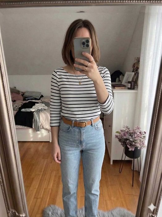 Biała bluzka z rękawem 3/4 bawełniana w paski elegant do pracy 38/40