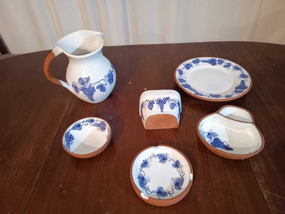 Set decorativo loiça para cozinha - barro branco com detalhes azuis