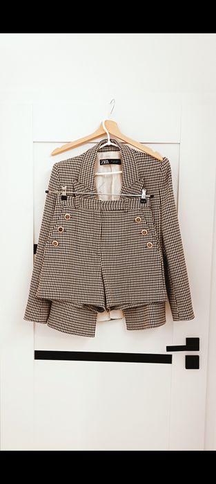 Zara garnitur w stylu old money w pepitkę komplet marynarka + szorty spodenki