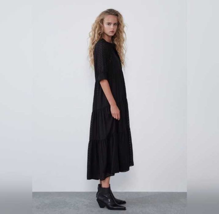 Zara czarna długa szyfonowa sukienka Boho plumeti L