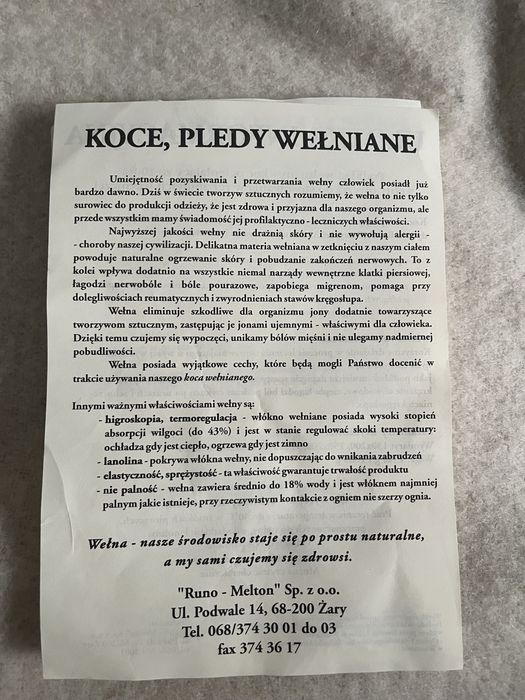 Nowy Koc 100% wełny - gramatura 530 / 20 g