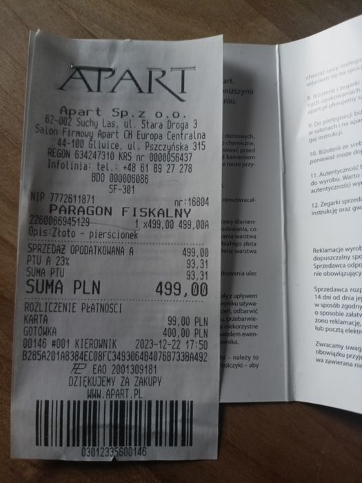 Pierścionek złoty APART