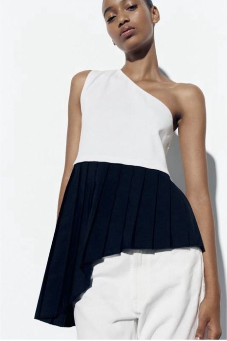 Блуза,топ,майка на одне плече,в рубчик,ажурна,біла з чорним,zara S