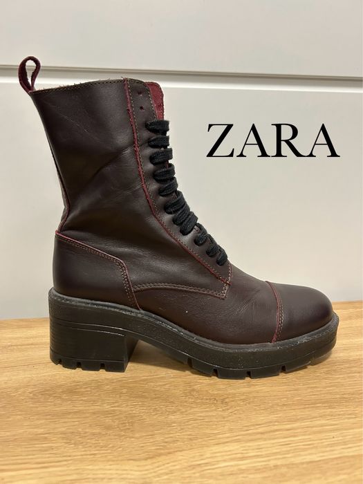 Zara sznurowane botki 37 bordo biker glany wiśniowe skóra obcas