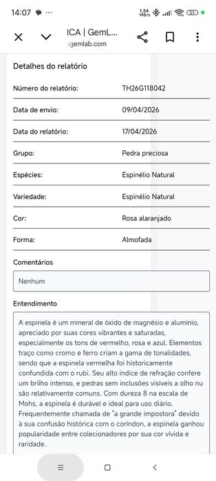 Espinela Rosa Alaranjada Natural 1,82 cts GemLab