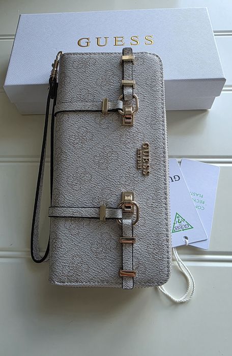 Nowy duży portfel Guess Leona Logo wallet bag bone logo beżowy