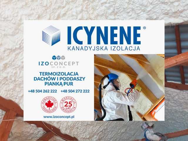 Izolacje dachów i poddaszy pianą PUR Icynene, wdmuchiwanie wełny i celulozy, ocieplenie poddasza, naprawy po kunach, izolacje obiektów przemysłowych