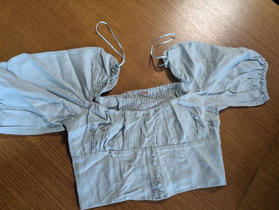 Jeansowy top hiszpanka bufiaste rękawy Boho Free People