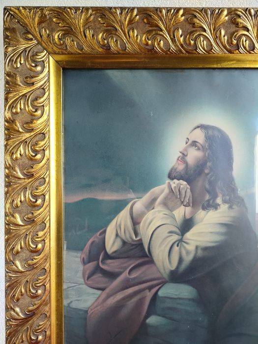 Jezus w Ogrójcu stary wielki oleodruk w pieknej zlotej ramie