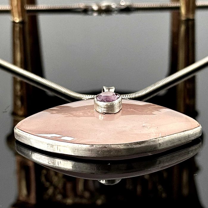 Srebrny naszyjnik z Różowym Kwarcem i Ametystem ok. 1970r. próby 925