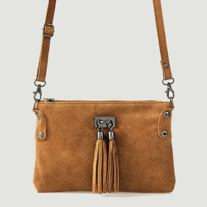 VERA PELLE torebka zamszowa listonoszka z frędzelkami V036 chabrowa