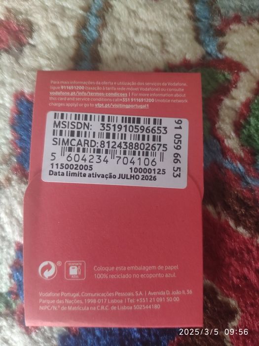 Vendo cartão da Vodafone Internet para 30 dias