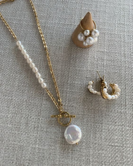 Conjunto colar, brincos e anel em aço