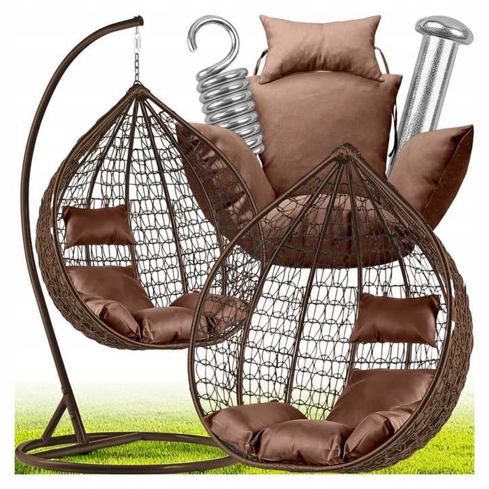 Fotel wiszący kokon ogrodowy kosz bujany huśtawka ze stelażem brązowy
