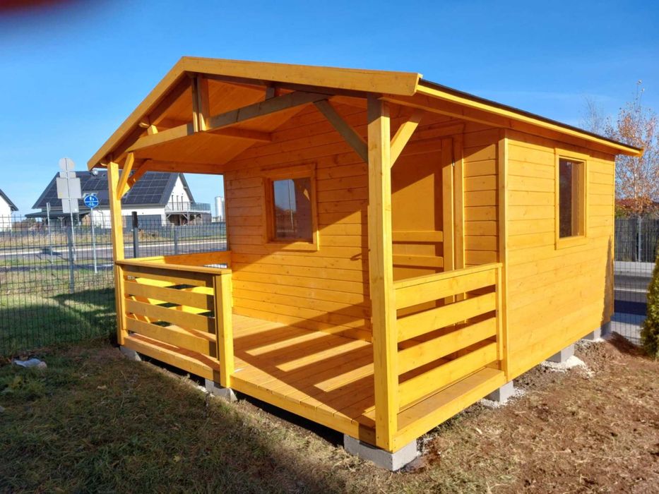 Domek drewniany, ogrodowy, z tarasem,  na działkę ROD, 3x4m z montażem