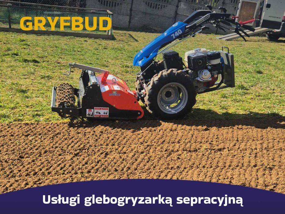 Usługi glebogryzarką separacyjną - profesjonalne przygotowanie gleby pod wysiew trawnika Miechów Wypożyczalnia GRYFBUD