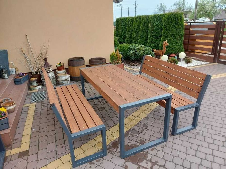 Meble ogrodowe nowoczesne LOFT stół 2 ławki drewniane metalowe profil