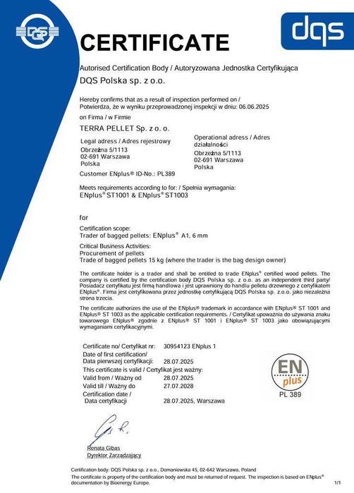 Pellet TERRA | Spalanie 18 MJ | Certyfikat, producent