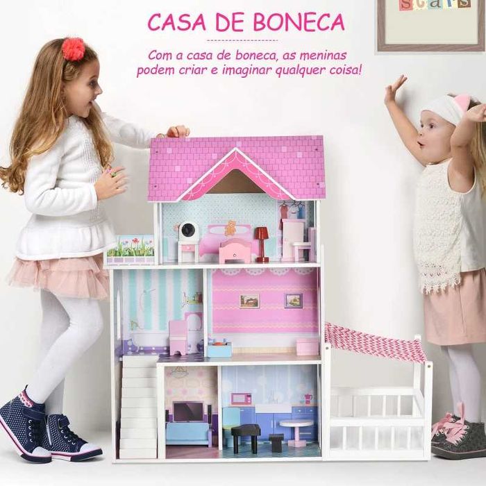 Casa de bonecas 3 andares com Pátio (inclui Mobília e acessórios)