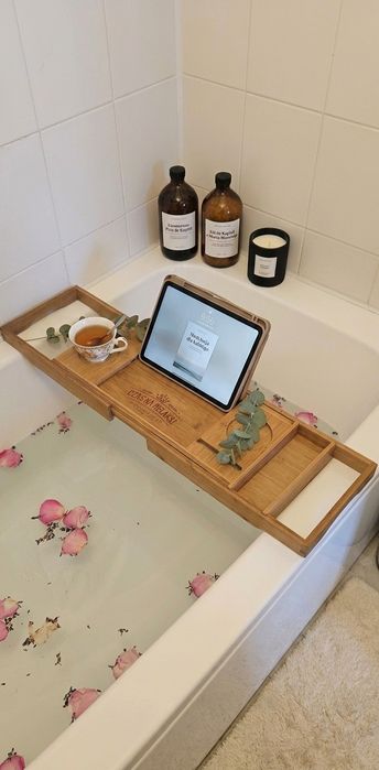 Półka do wanny drewniana uniwersalna rozsuwana bambus spa taca na wanne