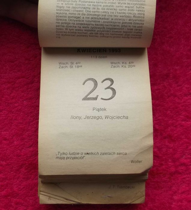 Stara kartka z kalendarza, metryczka 1993 roku.