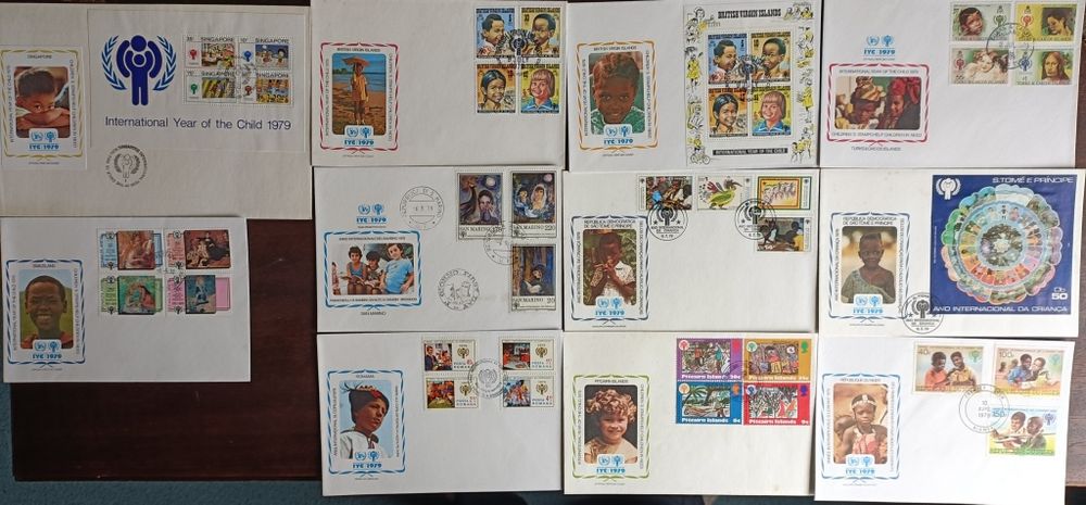Lote composto por 71 Envelopes de 1º Dia (FDC) oficiais com selos temáticos emitidos pela UNICEF em dezenas de países. Excelente estado de preservação