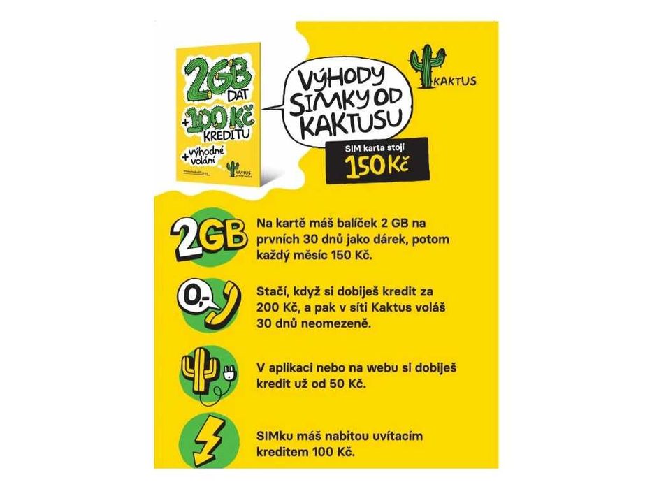 Czeska karta KAKTUS 100 CZK + 2 GB Czeski starter anonimowy numer