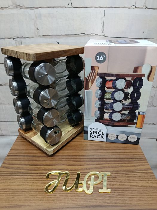 Stojak na przyprawy z drewna akacji na 16 słoiczków obrotowy zestaw