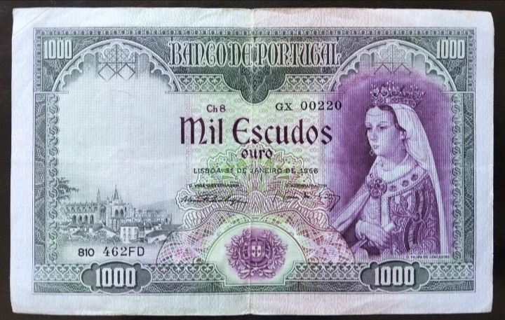 Nota 1000$ 1956 Filipa de Lencastre Excelente Estado Número Baixo
