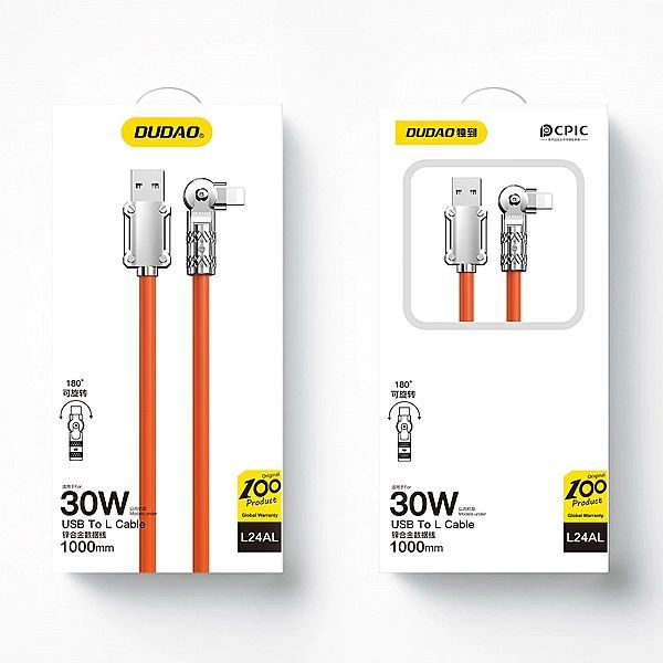 Kabel kątowy Usb-a - Lightning 30w 1m rotacja 180° Dudao - pomarańczow