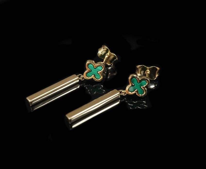 Złoto 585 - złote kolczyki wiszące koniczynki, malachit.