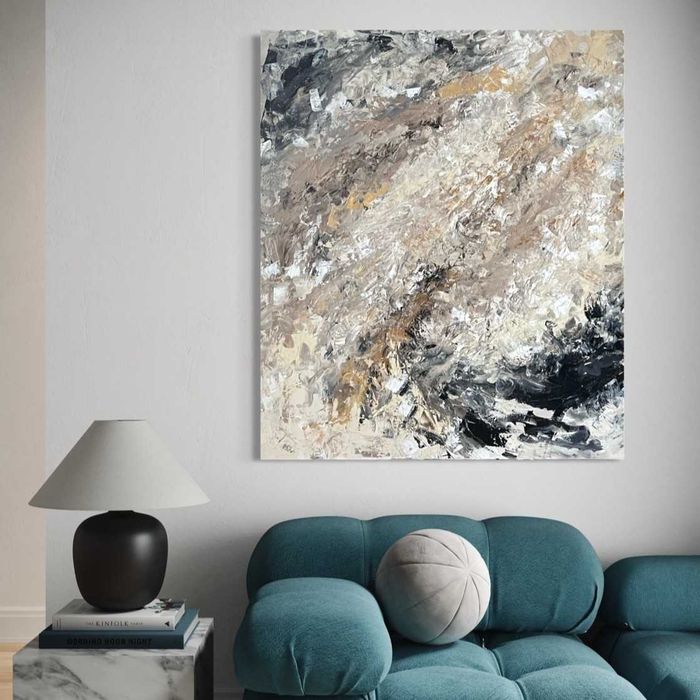 Duży obraz ręcznie malowany | 100x120cm | beż, czerń, złoto | Akryl i struktura na płótnie | Abstrakcja