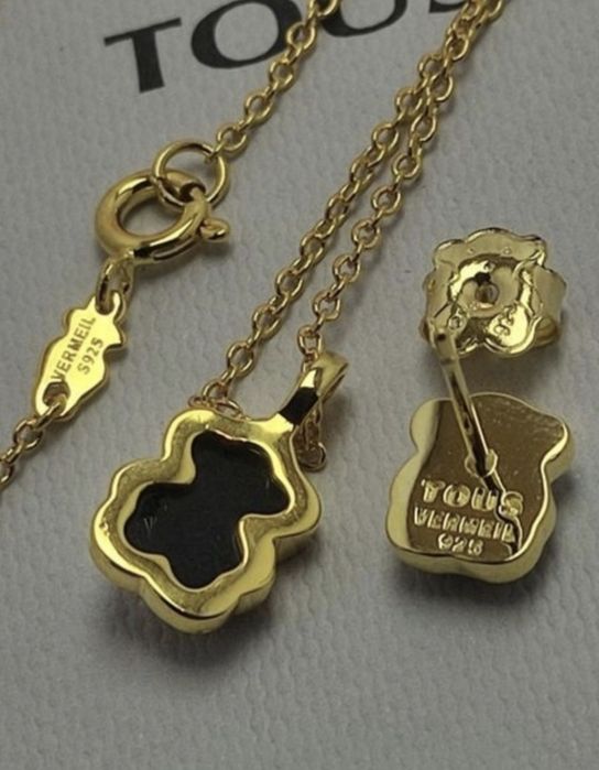 Naszyjnik z misiem żółte srebro vermeil 925 z onyksem