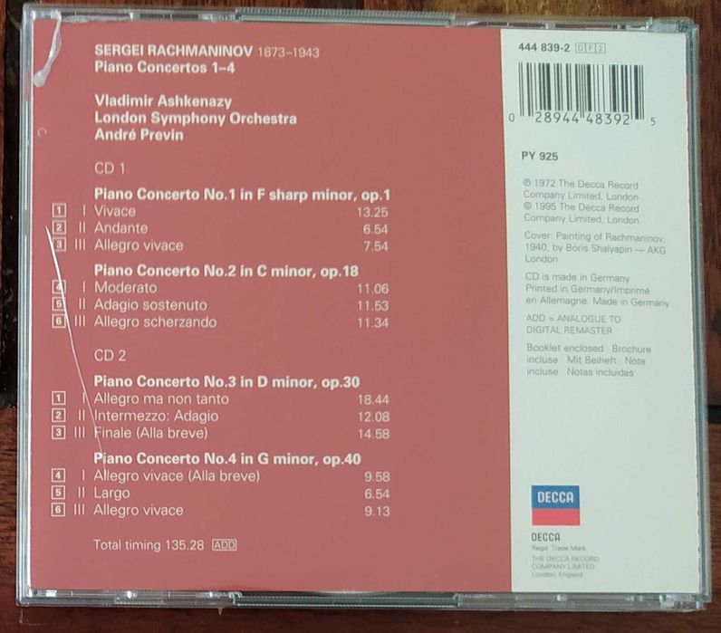 Rachmaninov: Piano Concerto 1-4 (Ashkenazy, London Symphony Orchestra, Prévin) Decca 2 Cds