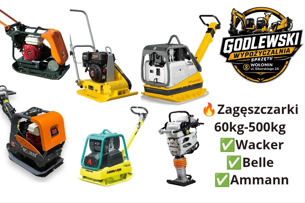 Wynajem! Zagęszczarki 80kg 90kg 100kg 250kg 350kg 450kg 500kg Wacker Neuson z czujnikiem zagęszczania,  Ammann,  Belle,  Wypożyczalnia! Wynajmę!