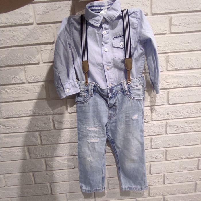 Roczek Zestaw elegancki spodnie jeansowe na szelkach i koszulobody