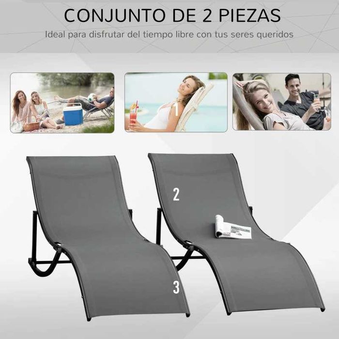 2 espreguiçadeiras ergonómicas dobráveis em forma de S - Cinzento
