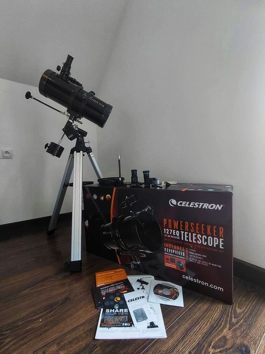 teleskop celestron POWERSEEKER 127EQ + napęd RA + uchwyt – jak nowy