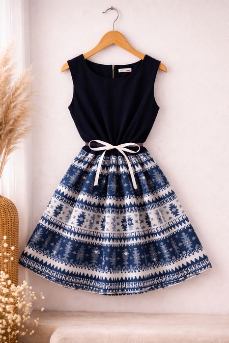 Sukienka krótka koktajlowa we wzory norweskie bawełniana okazjonalna