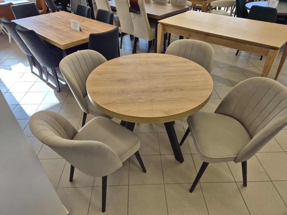 Stół okrągły rozsuwany do 200cm + 4 krzesła tapicerowane od ręki