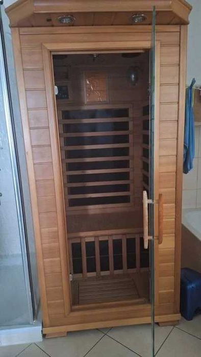 Sauna infrarot infrared kabina na podczerwień 1 osobowa mała zgrabna szklane drzwi szklana radio panele grzewcze grzanie na stopy nogi WYSYŁKA ODBIÓR
