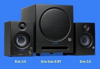 Presonus Eris 3.5 BT 2nd Gen e Eris Sub8 BT - pack de duas colunas monitoras de estudio e subwoofer de 8”. Ambos com Bluetooth e multiplas ligacoes.
