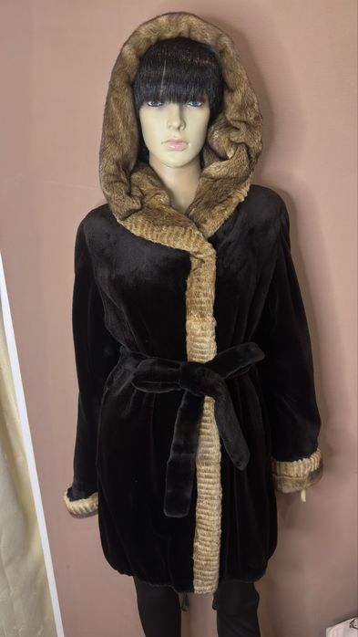 Saga mink royal норкова шуба халат  стрижена норка р.44-46 з капюшоном