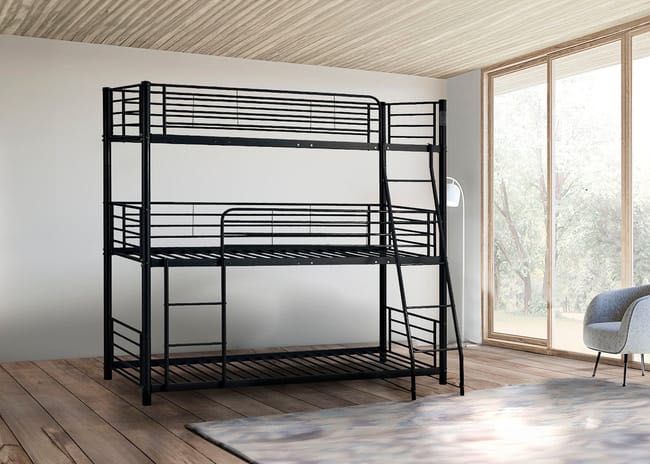 Łóżko metalowe 3 piętrowe 90x200 czarne z materacami