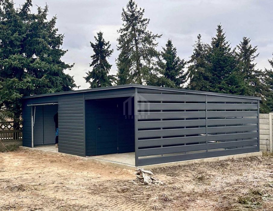 Garaż blaszany 6x6 + wiata brama uchylna drzwi dach spad w tył  SO186