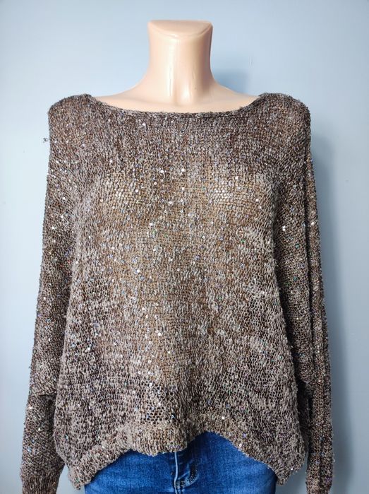 Sweter sweterek oversize brązowy długi rękaw cekiny z cekinami L/XL