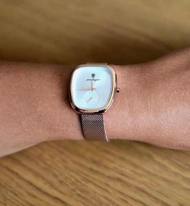 Relógio Poedagar feminino – Rose Gold – Mostrador prateado – Bracelete Mesh